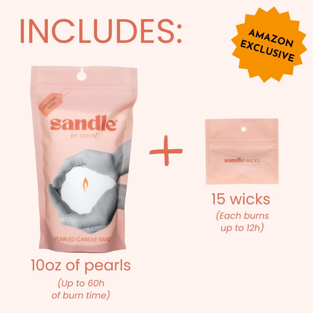 Sandle by Foton Pearled Candle Sand 10 Oz – White Unscented Safe Non Toxic Long Lasting Pearled Candle Wax up to 60 Hours - Refillable Unique Sand Candle Wax with 15 Candle Wicks for Candle Making