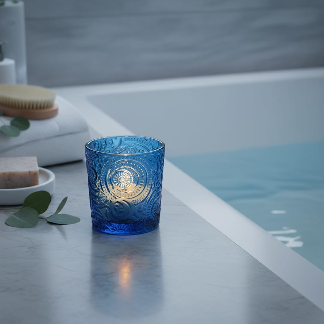 6 Pack Patented Sun Moon Star Embossed Glass Tea Light Candle Holders - Unique Votive Candle Holders for Wedding, Party, and Table Centerpieces (Ocean Blue)