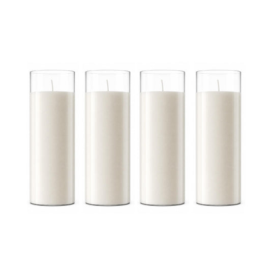 chaoxinge 2.24x7 inch 7 Day White Pillar Candles in Glass Set of 4 Up to 120Hour Burn time, Unscented Prayer, Religious Candles for Memorials, Vigil, and Emergency