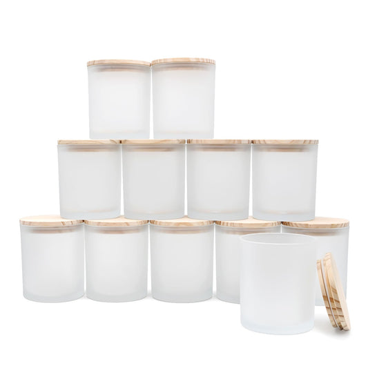 SHOWIN 14 OZ Thick Candle Jars for Making Candles 12 Pcs, 3 Wick Empty Jars with Wood Lids for Candle Making, Sample Container,Frosted White
