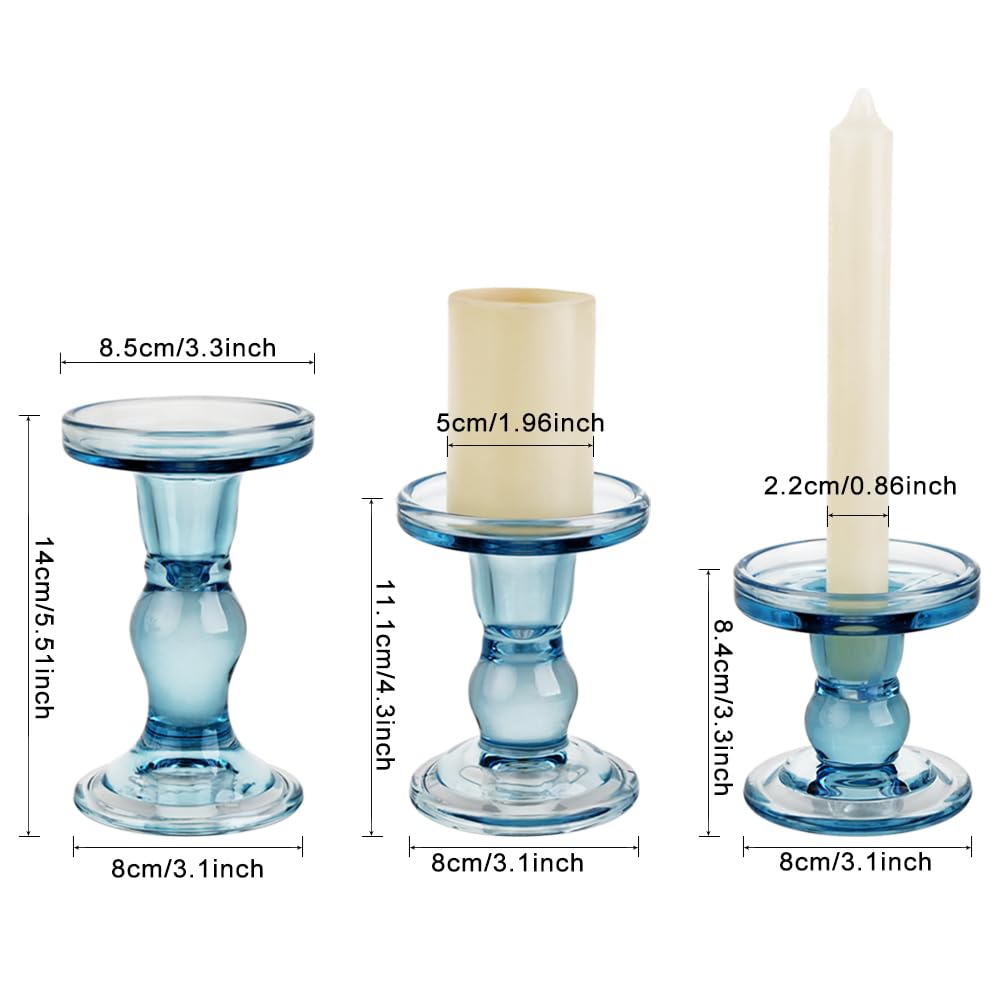 BTGLLAS 3-Piece Set of Blue Glass Candlestick, Crystal Candlestick Holder Holder and Conical Candle, Christmas Candle Holder Decoration, Family Living Room Wedding Candle Holder (Blue)