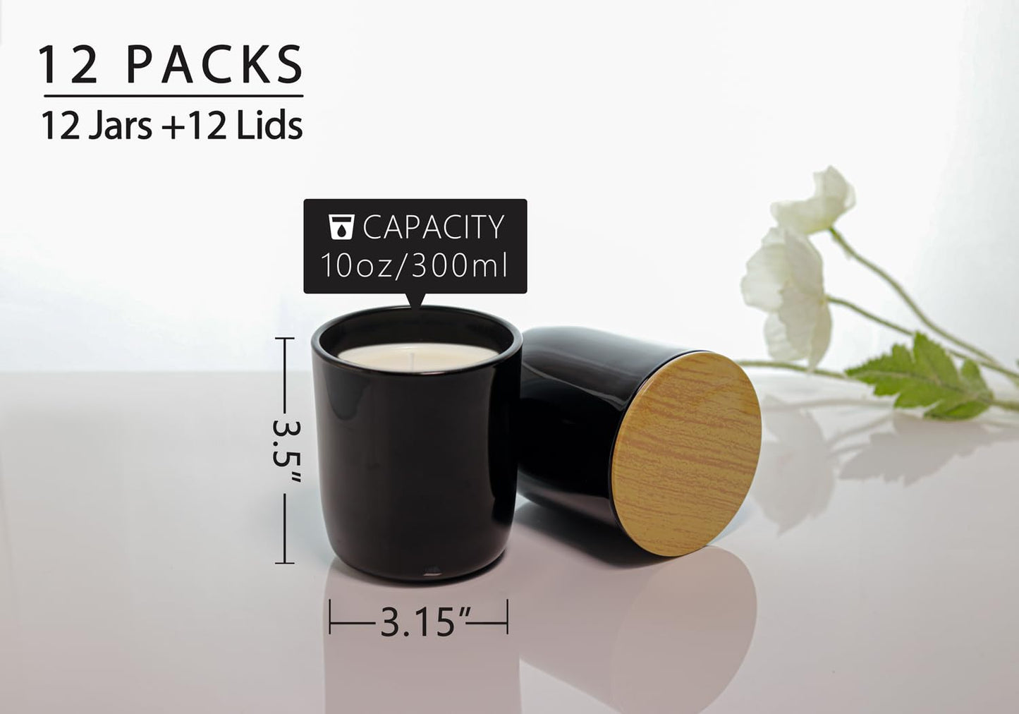 Aroparc Candle Jars for Candle Making 10oz U Shape Base Tumbler Jars for DIY, Bulk Vessel - 12 Containers +12 Metal Lids - Black