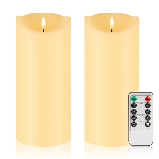 Mingfuxin Outdoor Flameless Candles with Remote - 9“×4” Large Waterproof Battery Operated Candles with Timer, Flickering LED Pillar Candle for Indoor Outdoor Larterns, Porch, Long Lasting, Set of 2