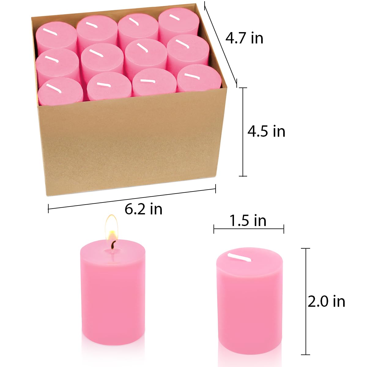 Yusevot 12 Hours Pink Votive Candles, 2.0 Inch Unscented Wax Candles for Wedding, Party, Holiday & Home, 24 Packs, VOTIVE-24X2.0FLAT-PINK