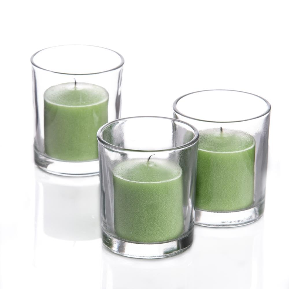 Set of 12 Richland Votive Candles Green Unscented and 12 Clear Glass Eastland Votive Holders