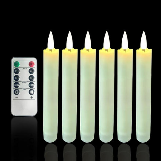 6Pcs Plastic Flameless Taper Candles Flickering with 10-Key Remote, Battery Operated Led Warm 3D Wick Light Window Candles with Flickering Flame for Halloween Christmas Church Wedding