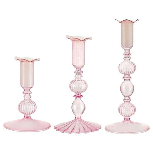Mineaud 3Pcs Glass Candlestick Holders Glass Taper Candle Holders Groovy Wavy Elegant Candle Stick for Home Party Decoration,StyleB-Pink