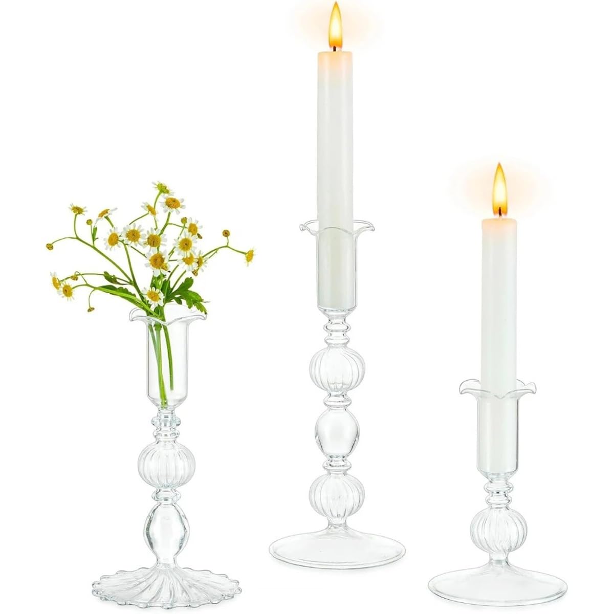 Mineaud 3Pcs Glass Candlestick Holders Glass Taper Candle Holders Groovy Wavy Elegant Candle Stick for Home Party Decoration,StyleB-Clear