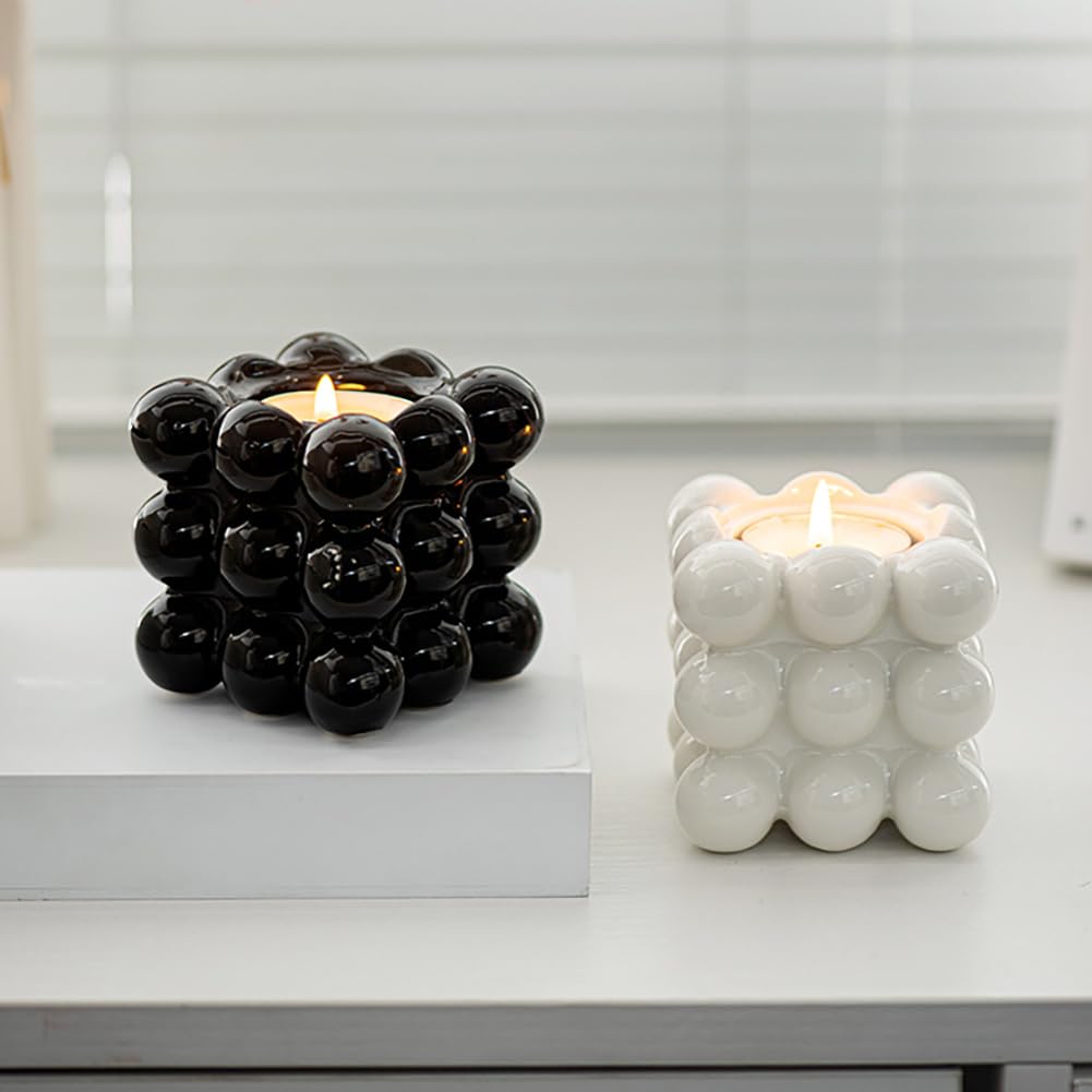 Ceramic Cube Golden Candle Holder Handheld Candlestick Holders Decorative Candle Stand Middle East Arabian Festival Candlestick Dining Table Party Home Decoration Ornament (White)