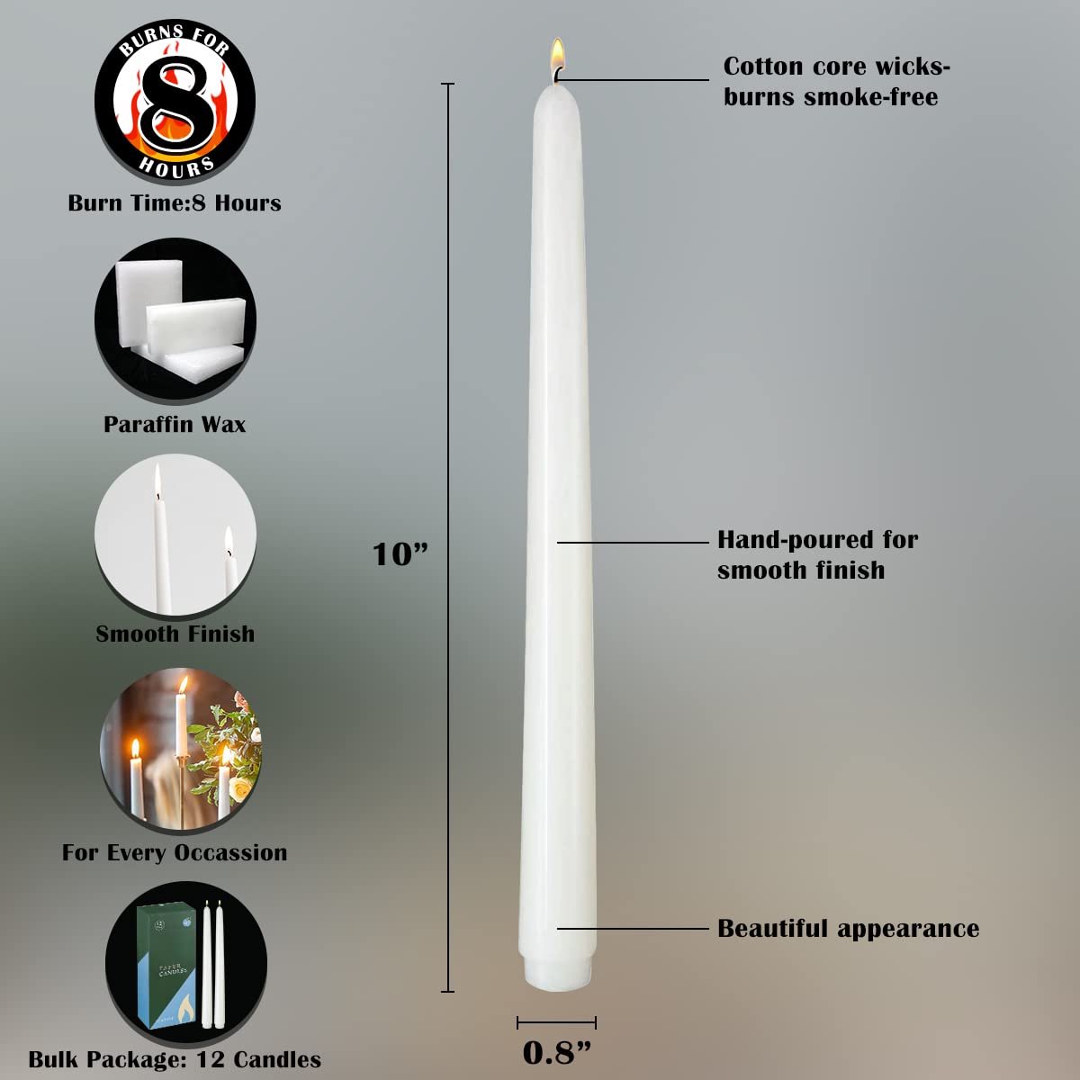 20 Pcs White Taper Candles for Home Decoration, 10×7/8 Inch Thin Candlesticks, Great for Wedding Dinner Party and Emergency