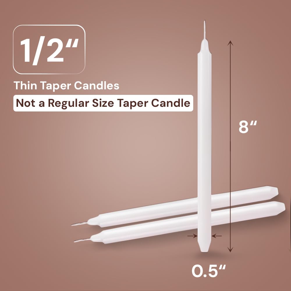 OSHADOW 1/2 Inch Taper Candle Thin 8" Lenght- 1/2 Inch Diameter - Skinny Taper Candles - Skinny Candlesticks - White Candlesticks - Thin Candlestick 1/2 - Candle Sticks White Candles