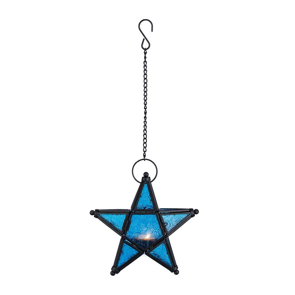 Stunning Star Glass Votive Tea Light Candle Holder Hanging Lighting Lantern Wedding Birthday Party Home Garden Decoration (Blue)
