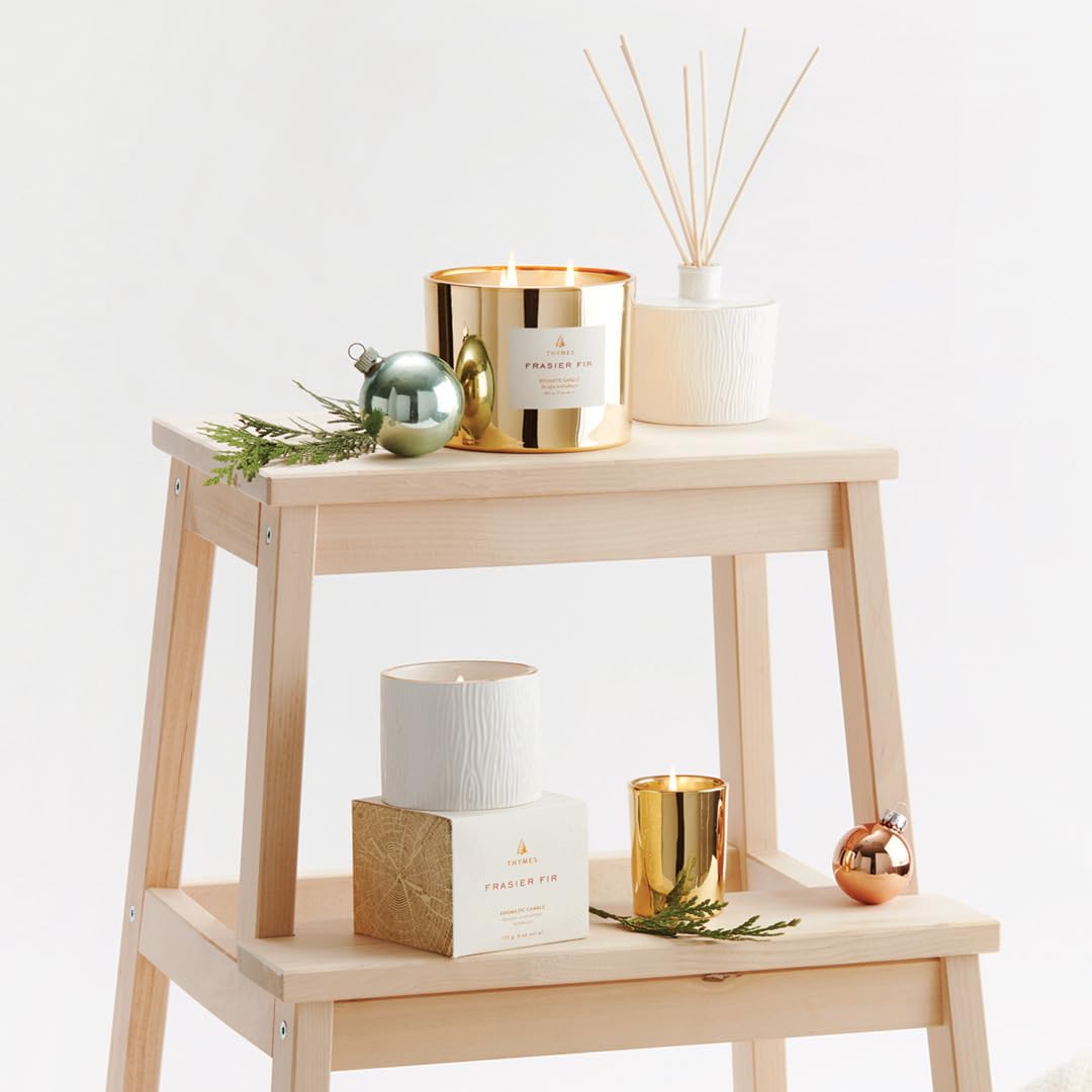 Thymes Frasier Fir Candle - Gilded Collection - Wood Grain Ceramic Design with 24-Karate Gold Rim - Mountain Fresh Fragrance - Elegant Winter Candle Scents - Gifts for Women & Men (Petite, 6 oz)