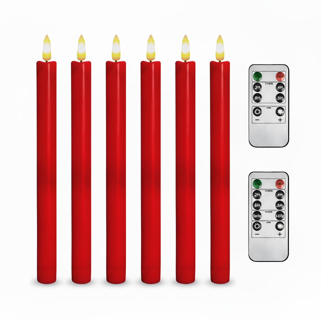 SUNGEGE Red Flameless Taper Candles, 6 Pack, 0.78 x 9.9 in, Red Candles Battery Operated with 2 Remotes, Safe for Kids & Pets – Perfect for Halloween, Christmas, Weddings & Home Decor