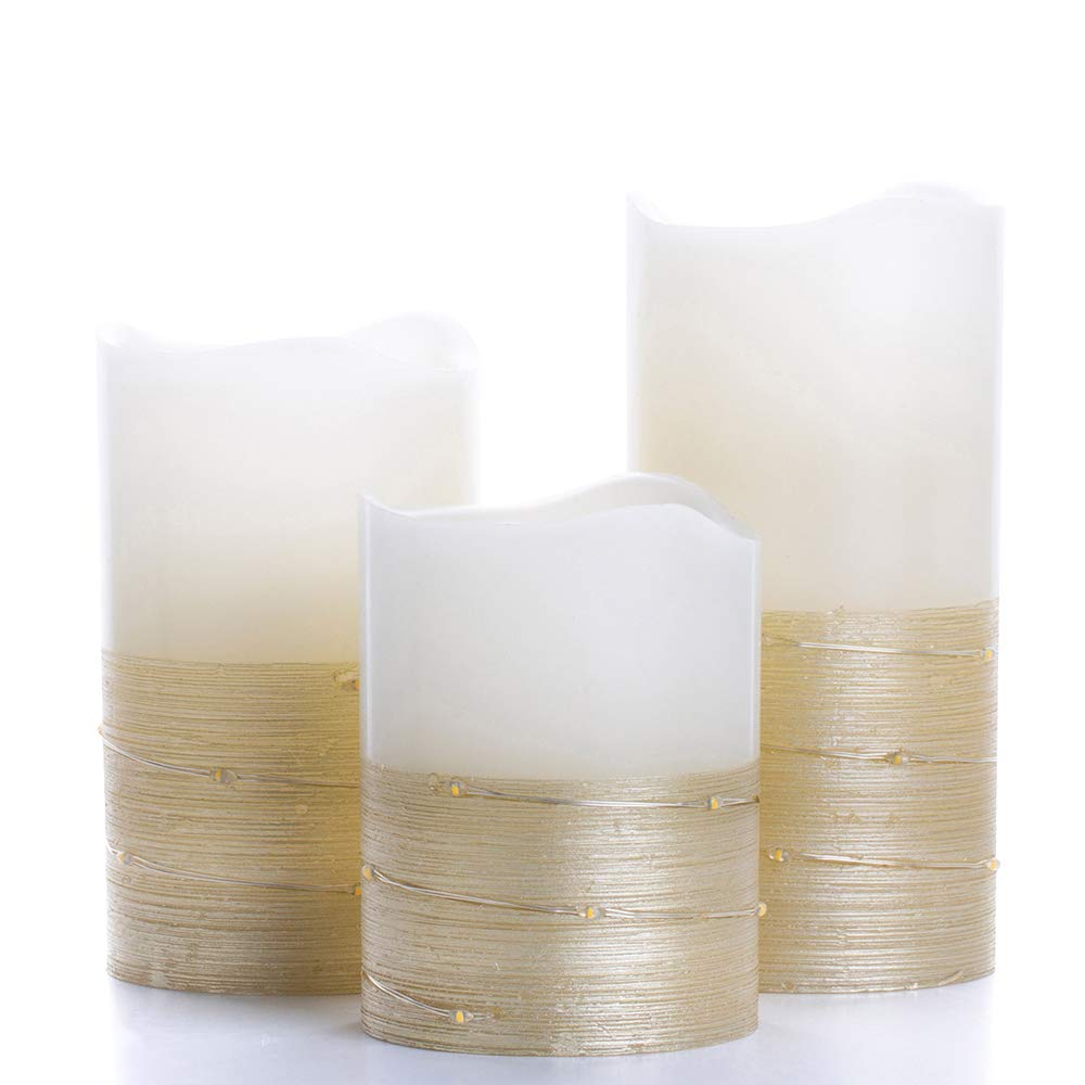 BeMoment Flickering Flameless Candles with Timer, Battery Operated Candle Embedded String Lights, Gold Paint Finish, Ideal for Home Decor, Holidays, and Festivals, 3pcs (D 3" x H 4" 5" 6")