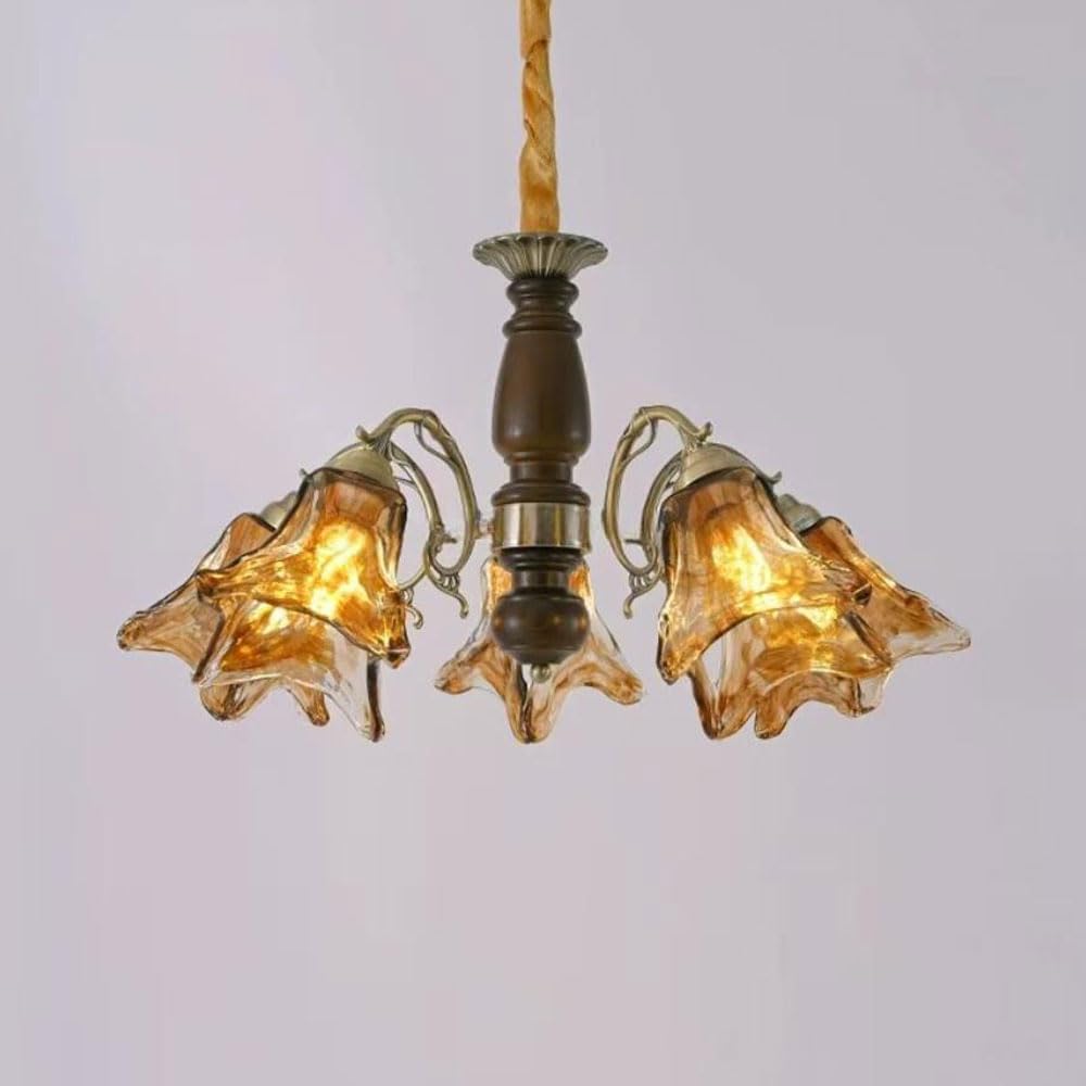 TTBDDDYH 5-Lights E27 French Vintage-Style Living Room Pendant Light Retro American Dining Room and Master Bedroom Ambiance, Handcrafted Frosted Glass Chandelier