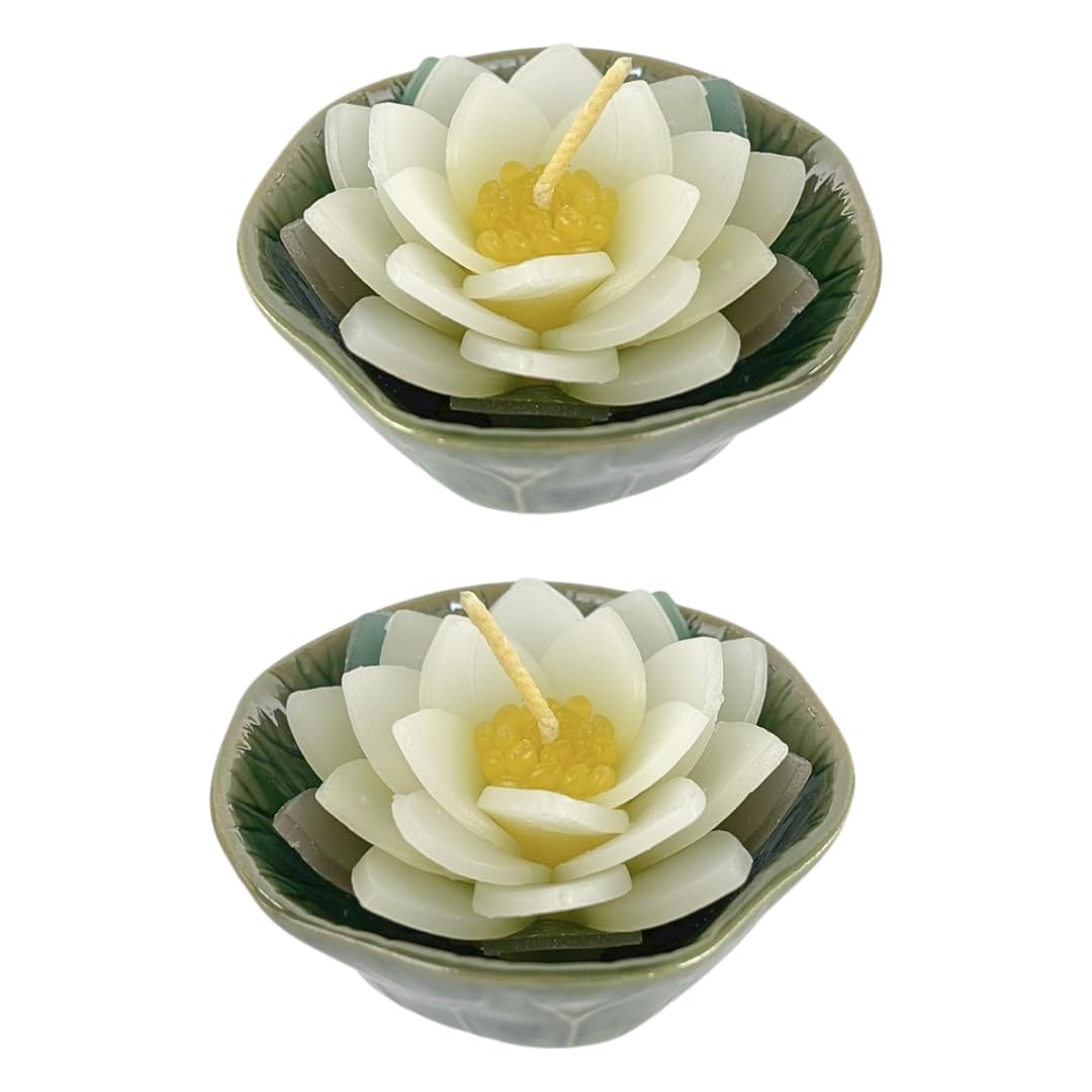 Set of 2 Lotus Flower Candle in Ceramic Bowl 3" – Handmade Floating Lotus Tealight for Spa, Meditation, Home Decor, Relaxation, Gift