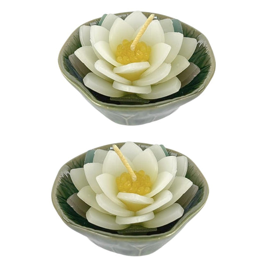 Set of 2 Lotus Flower Candle in Ceramic Bowl 3" – Handmade Floating Lotus Tealight for Spa, Meditation, Home Decor, Relaxation, Gift