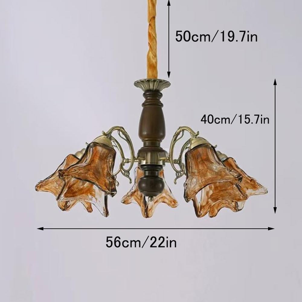 TTBDDDYH 5-Lights E27 French Vintage-Style Living Room Pendant Light Retro American Dining Room and Master Bedroom Ambiance, Handcrafted Frosted Glass Chandelier