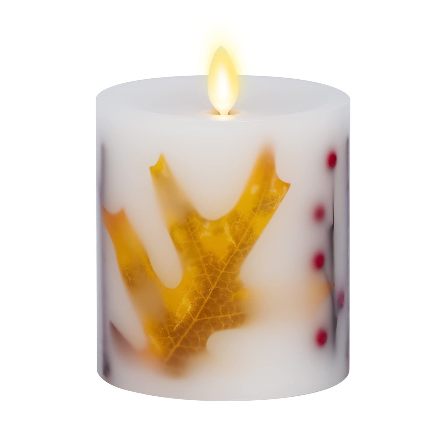 Luminara Embedded Flameless LED Candle - Orange Leaf 3.5" x 4.5" - Moving Flame Pillar, Battery Operated Timer, Real Wax, Unscented, Safe