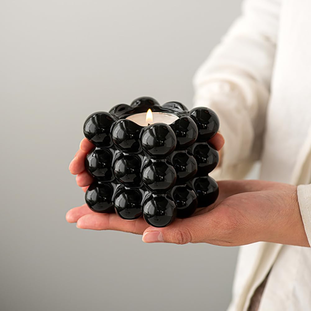 Ceramic Cube Golden Candle Holder Handheld Candlestick Holders Decorative Candle Stand Middle East Arabian Festival Candlestick Dining Table Party Home Decoration Ornament (Black)