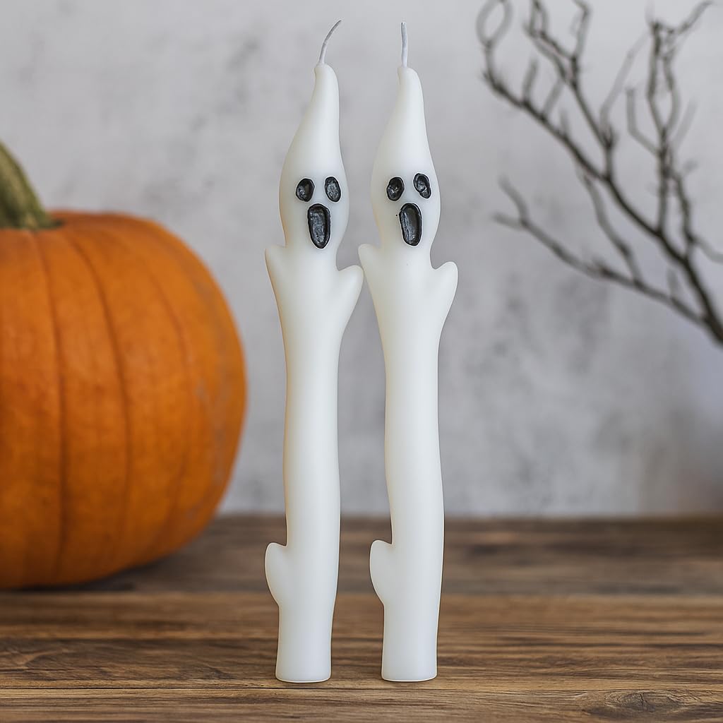 Halloween Ghost Candles Set, Cute Spooky White Taper Candles with Ghost Face for Halloween Decorations, Haunted House, Party Table Centerpiece, Gothic Home Decor, Trick or Treat Supplies (2PCS)
