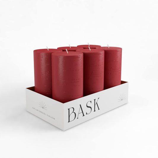 Mottled Pillar Candles by Bask - Set of 6-3" x 6" Dripless Unscented Holiday Candles in Cranberry for Home Decor, Relaxation & All Occasions