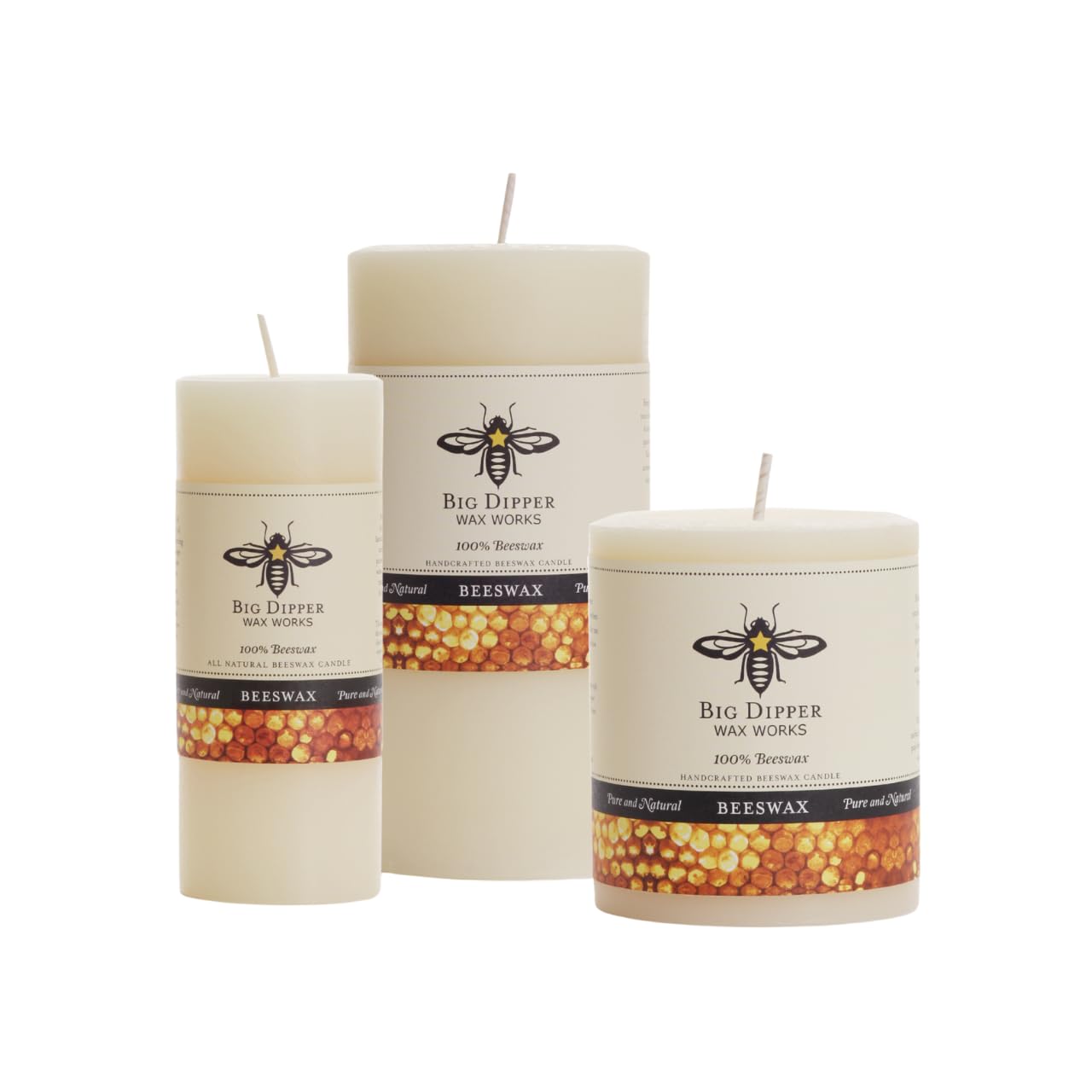 Big Dipper Wax Works Ivory Beeswax Pillar Candle 3" x 3.5" – 60-Hour Burn, Non-Toxic & Clean Burning, Pure Beeswax, Handmade in USA