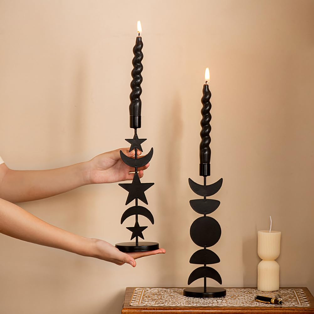 Iron Taper Candle Holder Matte Black Tall Star Moon Candlestick Holders Decorative Candle Stand Candlestick Holder for Wedding, Dining Table, Party Home Decoration (B)