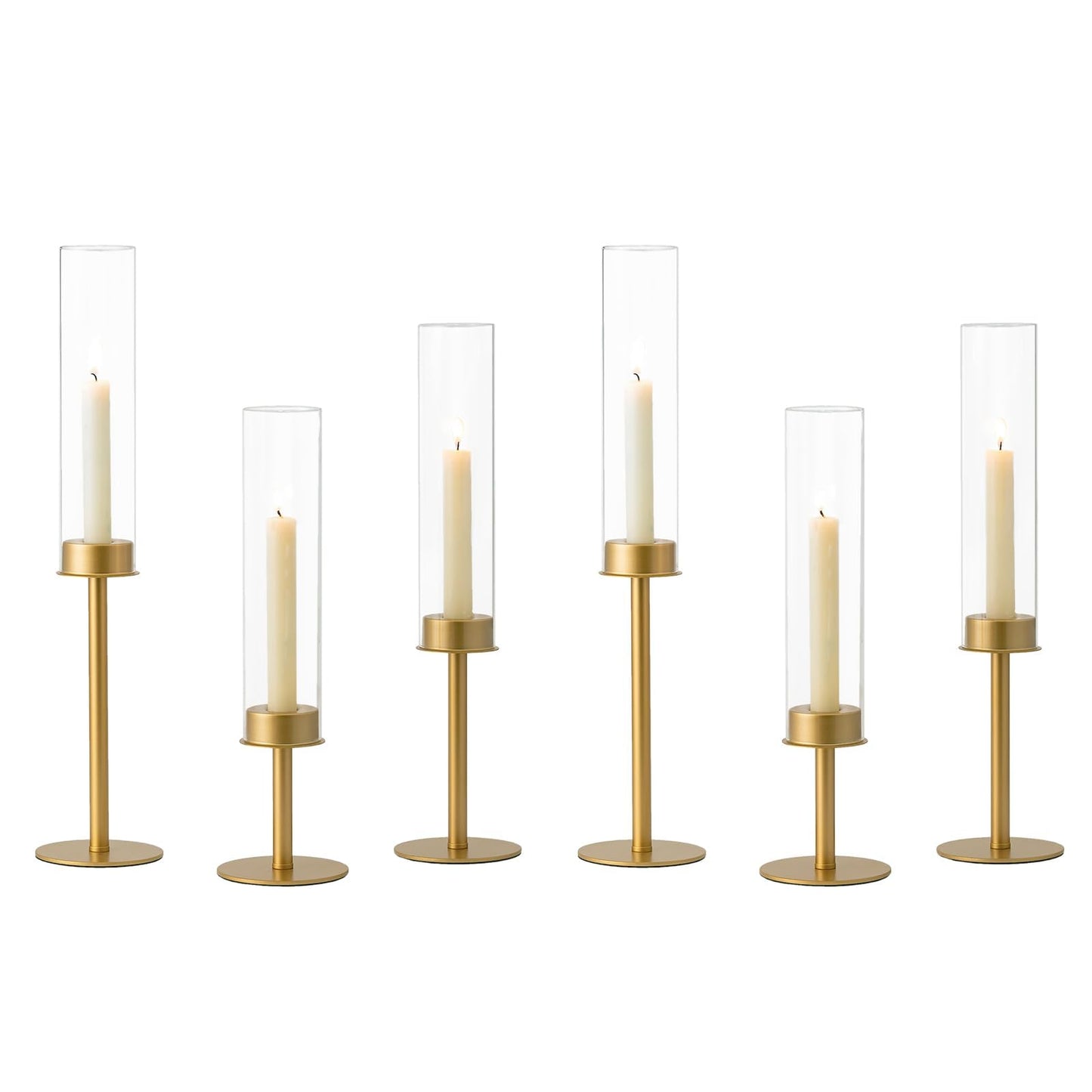 Hewory Gold Candle Holders - 6Pcs Brass Hurricane Candlestick Holders with Glass Candle Cover for Wedding Table Centerpiece Christmas Decor