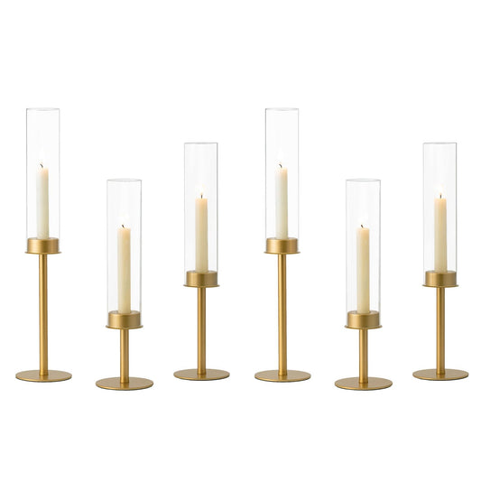 Hewory Gold Candle Holders - 6Pcs Brass Hurricane Candlestick Holders with Glass Candle Cover for Wedding Table Centerpiece Christmas Decor