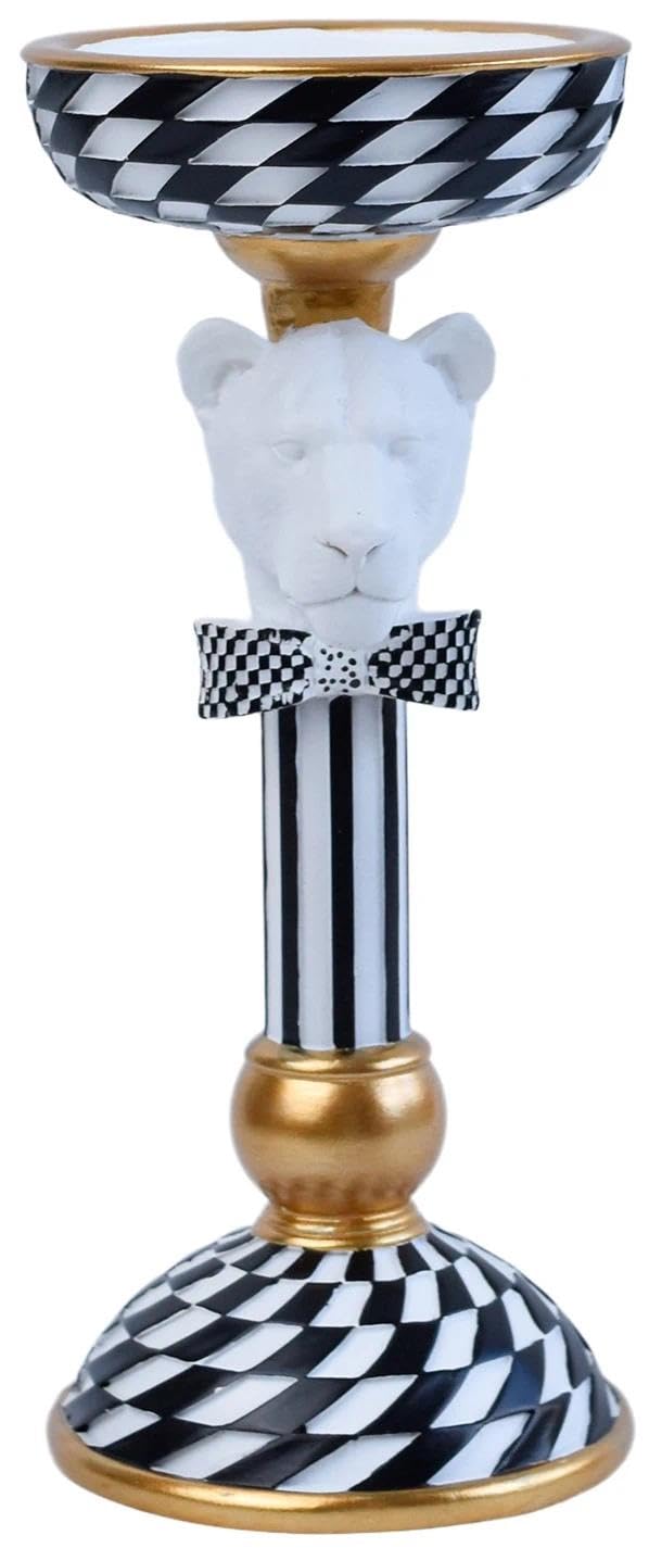 Crowned Animal Candlestick Holder Black & White Checkerboard Taper Candle Holder with Gold Accents Eclectic Resin Statue for Modern Home Decor, Table Centerpiece