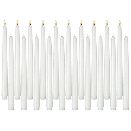 20 Pack White Taper Candles, 10 Hours Burn Time, Unscented, Smokeless and Dripless, 0.8 x 12 Inch Dinner Candle Set for Household, Wedding, Party and Home Décor Candlesticks