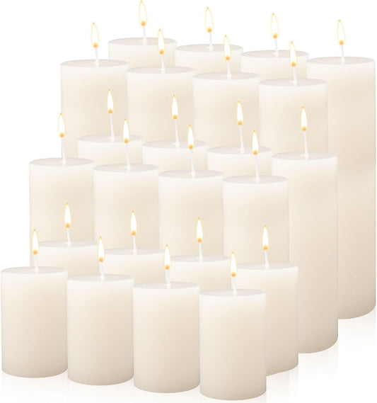 24 Pack Pillar Candles Bulk,Ivory Unscented Tall Candles,3 Sizes White Dripless Smokeless Wax Sticks for Wedding,Dinner Table,Christmas and Home Decor,24|45|60 Hours Burning