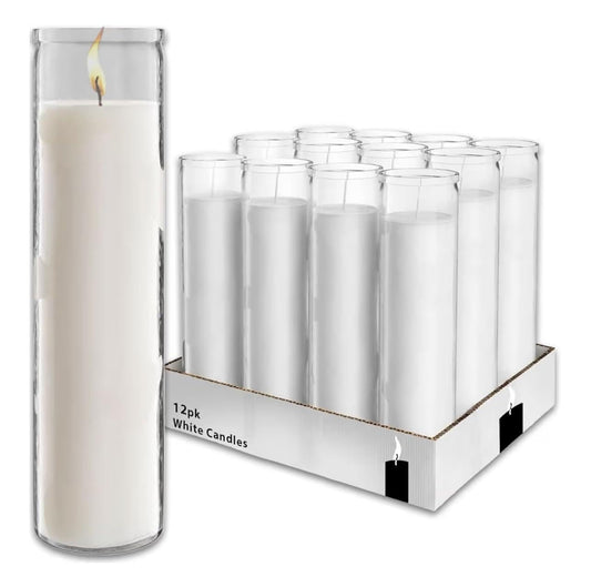 White Prayer Glass Candle, 8 Inch, 12 Pack, Devotional for Vigils, Ceremonies