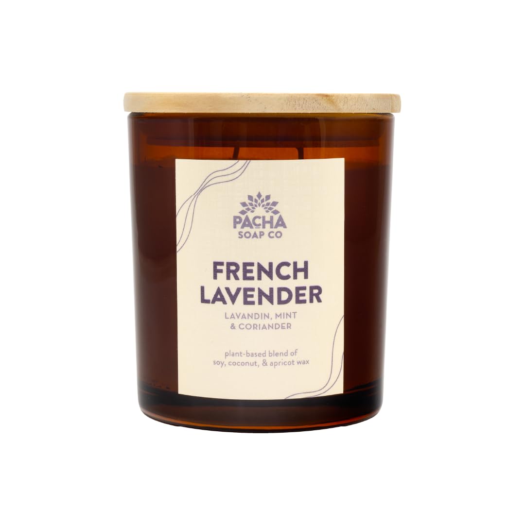 Pacha Soap Co. French Lavender Candle - Lavandin, Mint, and Coriander Scented, Soy, Coconut & Apricot Wax Blend, Cotton Wick, 40+ Hour Burn Time, Long-Lasting, Recyclable, Made in the USA, 7 oz