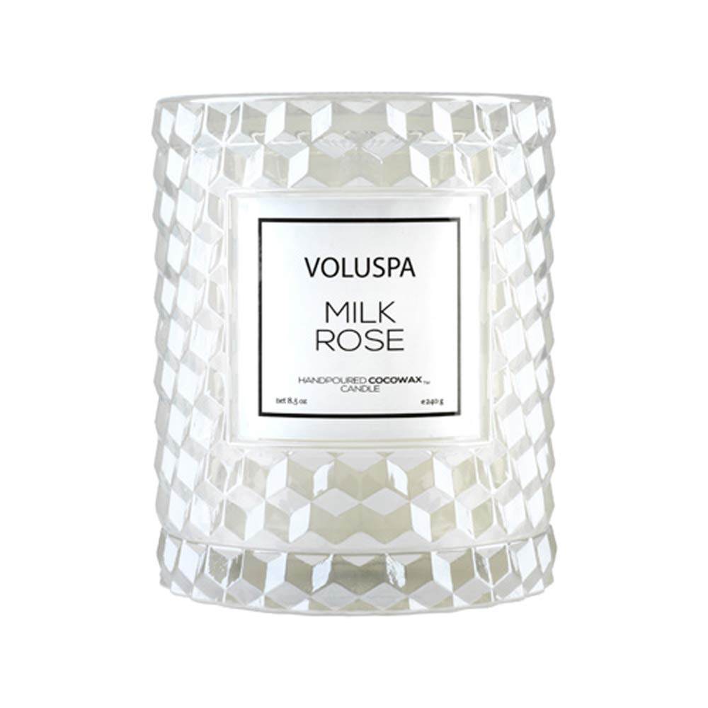 Voluspa Milk Rose, Cloche Textured Glass Candle, 8.5 Ounce, 55 Hour Burn Time, Coconut Wax for Clean Burning, Handcrafted in the USA