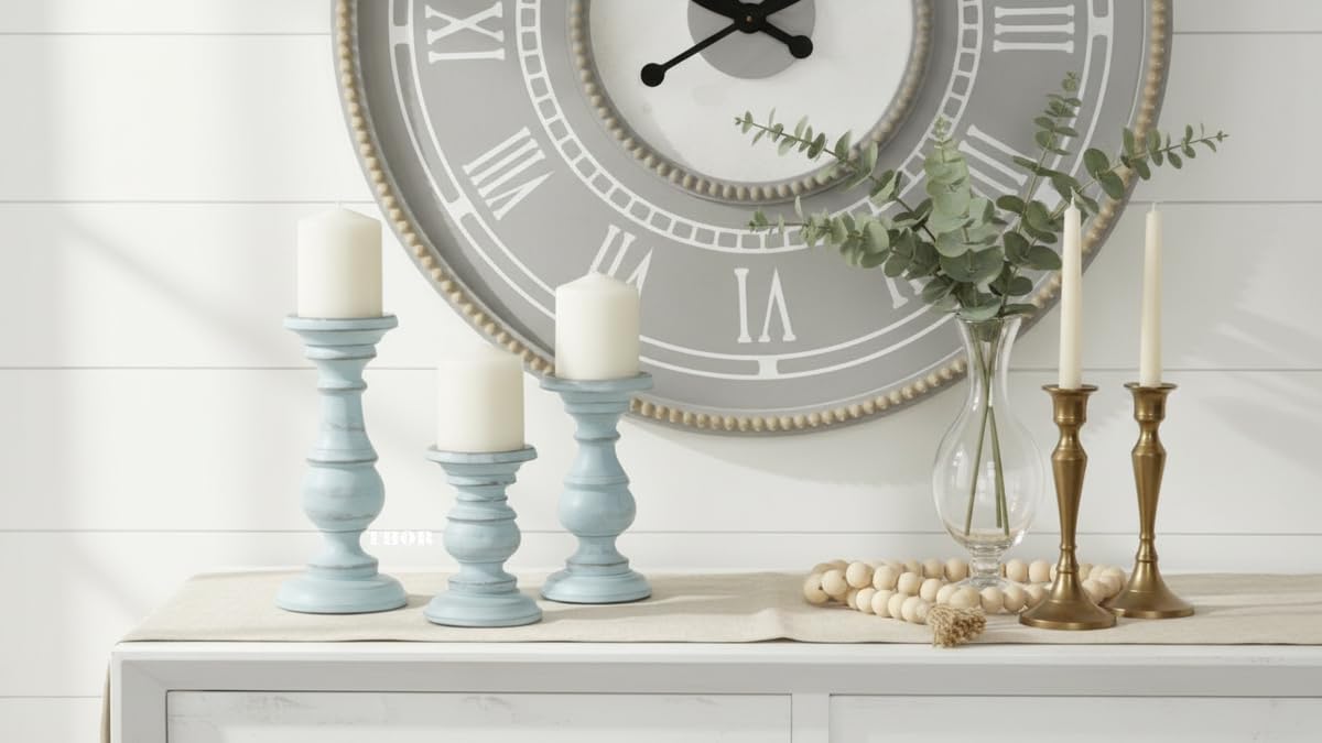 Decorative Light Blue Wood Turned Style Pillar Candle Holder with Distressed Finish, Set of 3 6", 8", 10" H, Light Blue