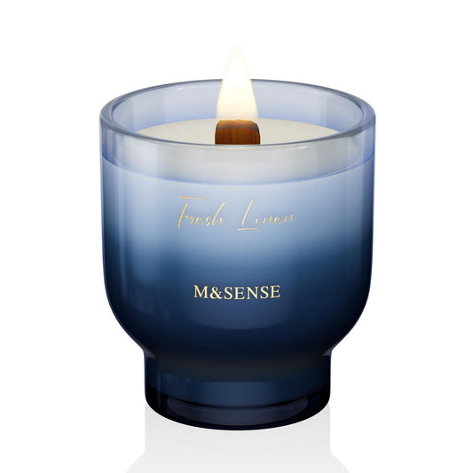 M&SENSE 9.9oz Natural Soy Wax Jar Candle with Wooden Wick | Fresh Linen Scent | 55-Hour Burn & Long-Lasting Burn | Housewarming Gift for Men and Women