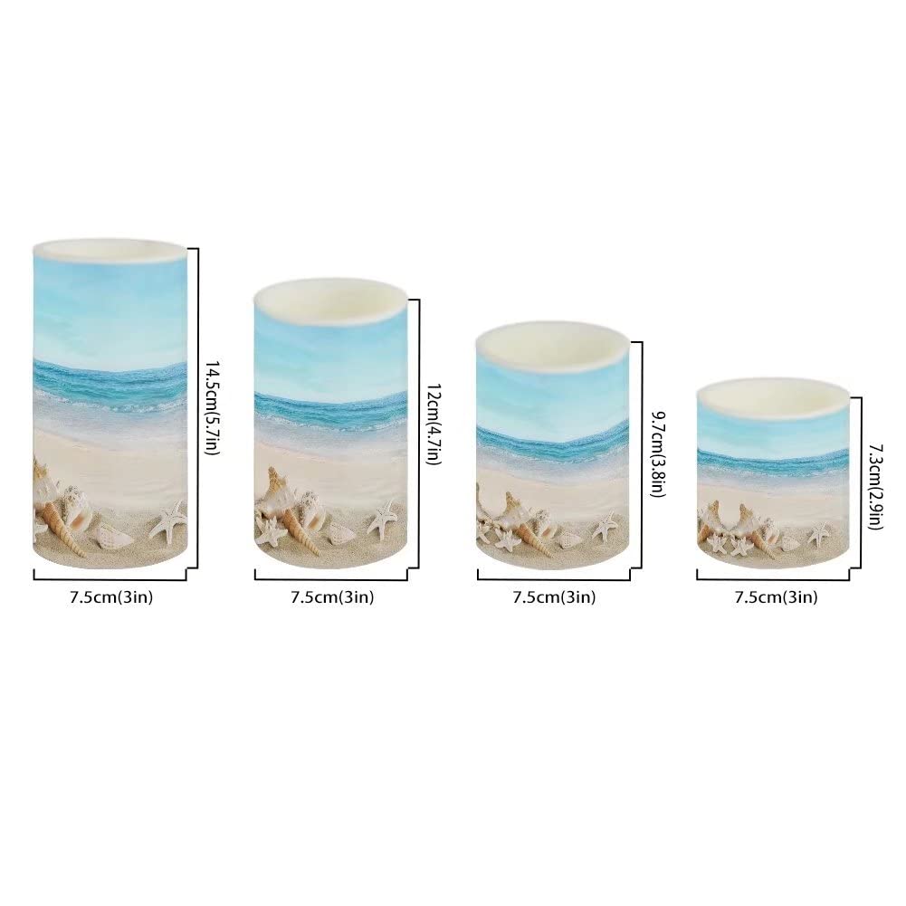 NETILGEN Flickering Flameless LED Pillar Candles with 18-Key Remote Battery Operated Color Changing Tea Lights Fake Candles, Set of 4, Beach Starfish Blue