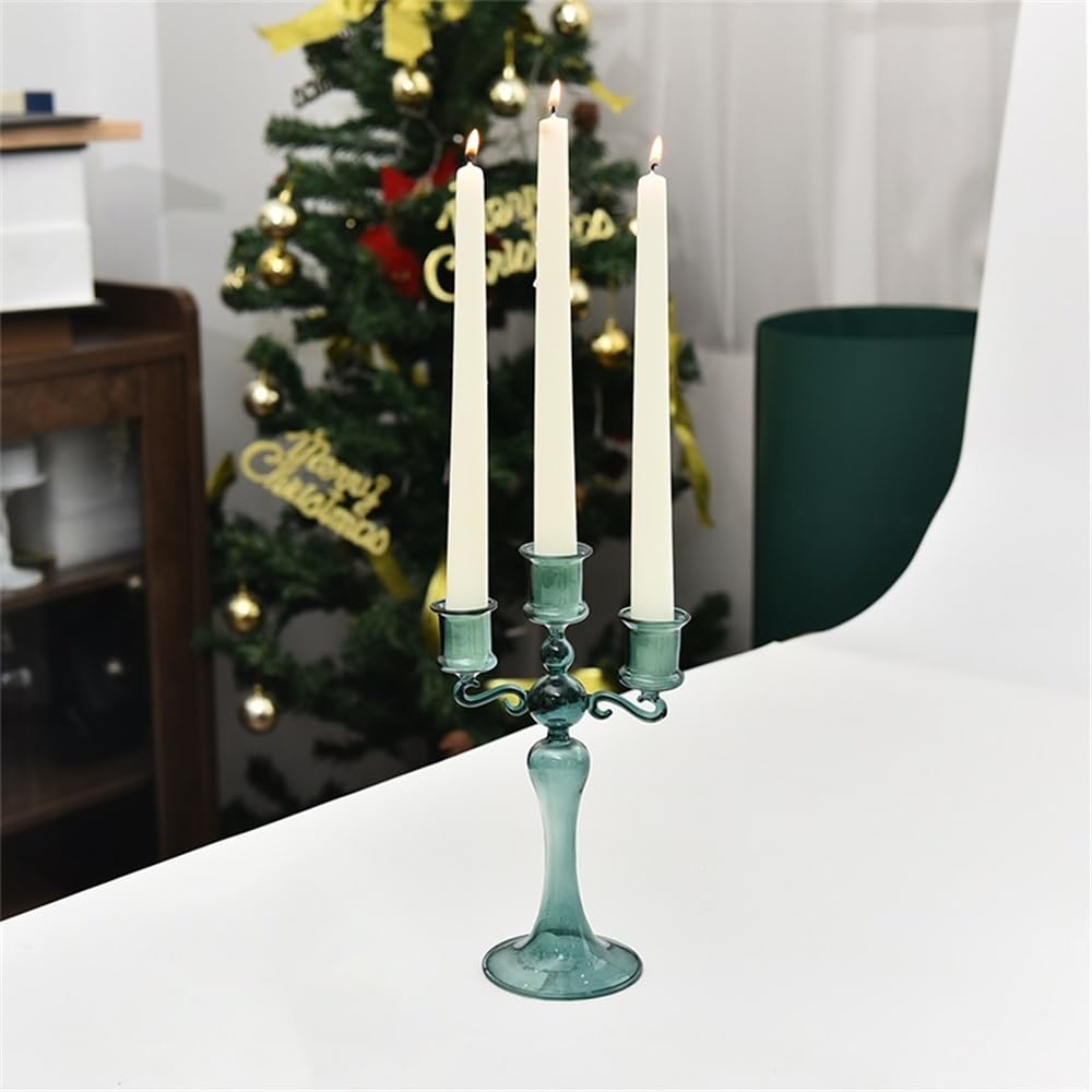 Candlestick Holders Creative Glass Candlestick Colorful Three-Head Candlestick Home Decoration Wedding Shooting Props Candle Holders(Blue)