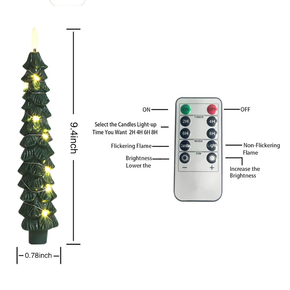 4 Pack Christmas Tree Candles with Remote, 9.4 Inch Plastic flameless Taper Candles with Embedded Star String,LED Battery Operated with 3D Flickering Flame,Window Candle for Christmas Decor