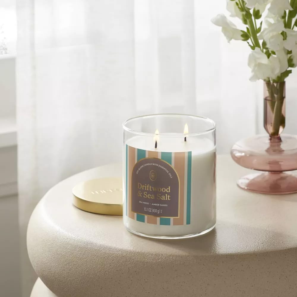 Threshold 2-Wick Lidded Glass Jar Candle (15.1oz, Driftwood and Sea Salt)