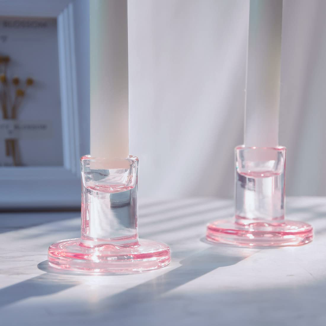 12PCS Pale Pink Taper Candle Holders, Glass Crystal Candlestick Holders Bulk, Clear Candle Holders for Dining Table Centerpiece，More Suitable for Weddings