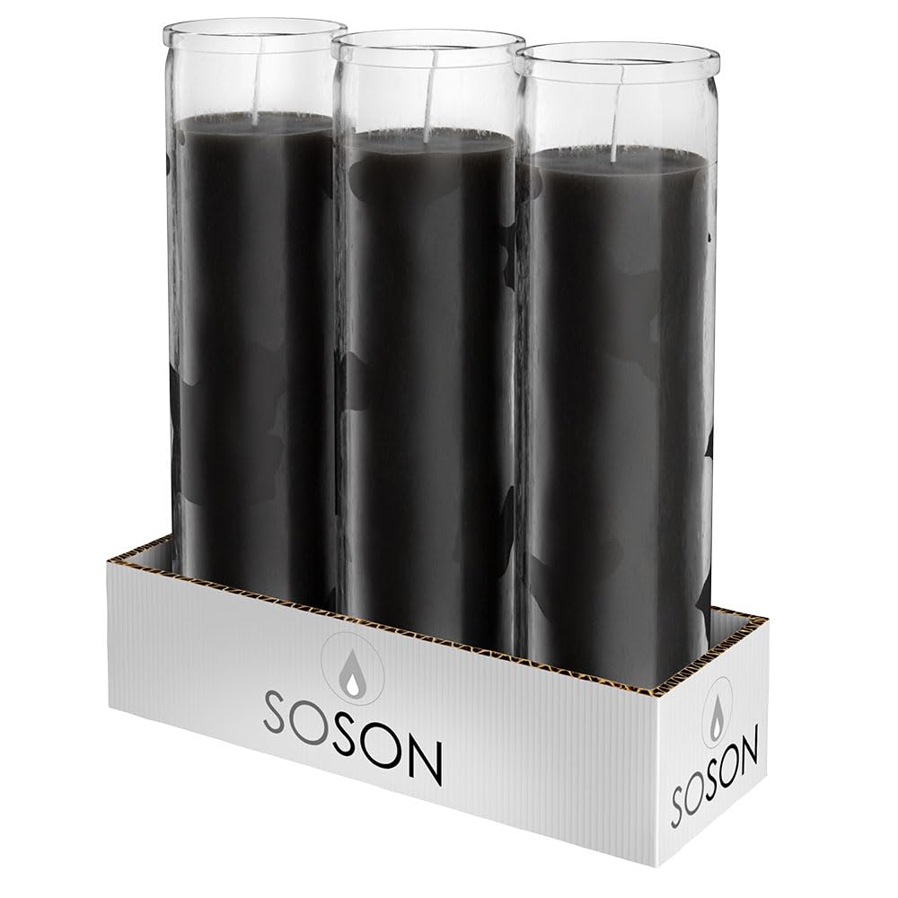 Simply Soson 2x8 inch 7 Day Black Pillar Candles in Glass Set of 3, 90 Hour Burn time, Unscented Prayer Candle, Religious Candle, Candles for Memorials, Emergency Vigil Candles