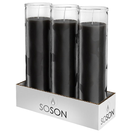 Simply Soson 2x8 inch 7 Day Black Pillar Candles in Glass Set of 3, 90 Hour Burn time, Unscented Prayer Candle, Religious Candle, Candles for Memorials, Emergency Vigil Candles