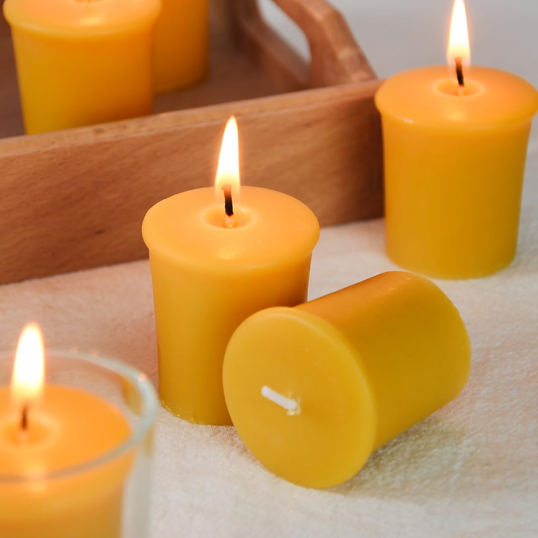 TELOSMA Organic Beeswax Votive Candles - Natural Scent Smokeless for Weddings, Restaurants, Parties, Spa and Decorations -Pack of 12, Yellow