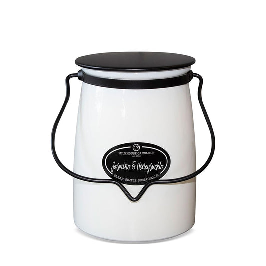 Milkhouse Candle Company Jasmine & Honeysuckle Soy Candles - Honeysuckle | White Jasmine | Citron & Greens Scented - 22 oz Butter Jar with Lid, 120+ Hour Burn Time, Made in the USA