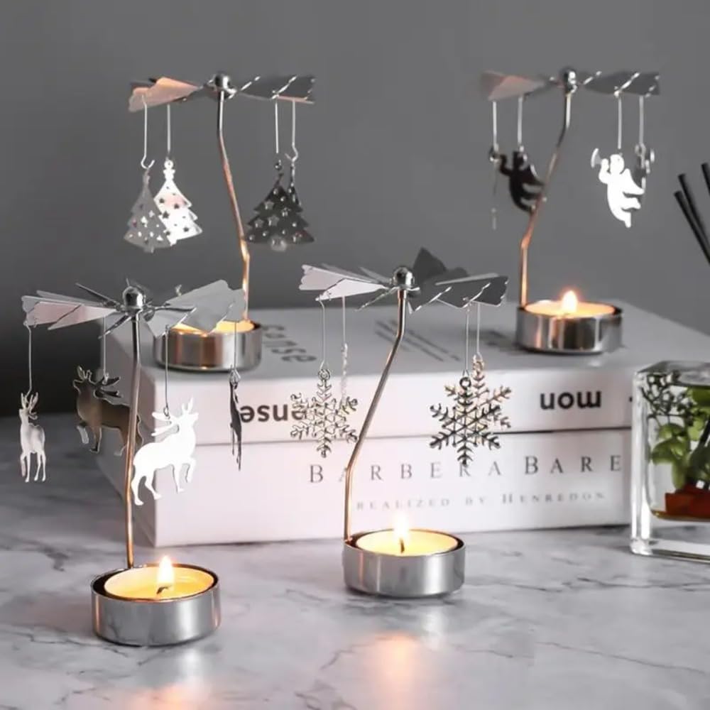Rotating Candle Holder, Romantic Metal Tealight Candlestick Spinner Carousel Candle Tea Light Holder for Christmas Home Decor(Snowflake,Gold)