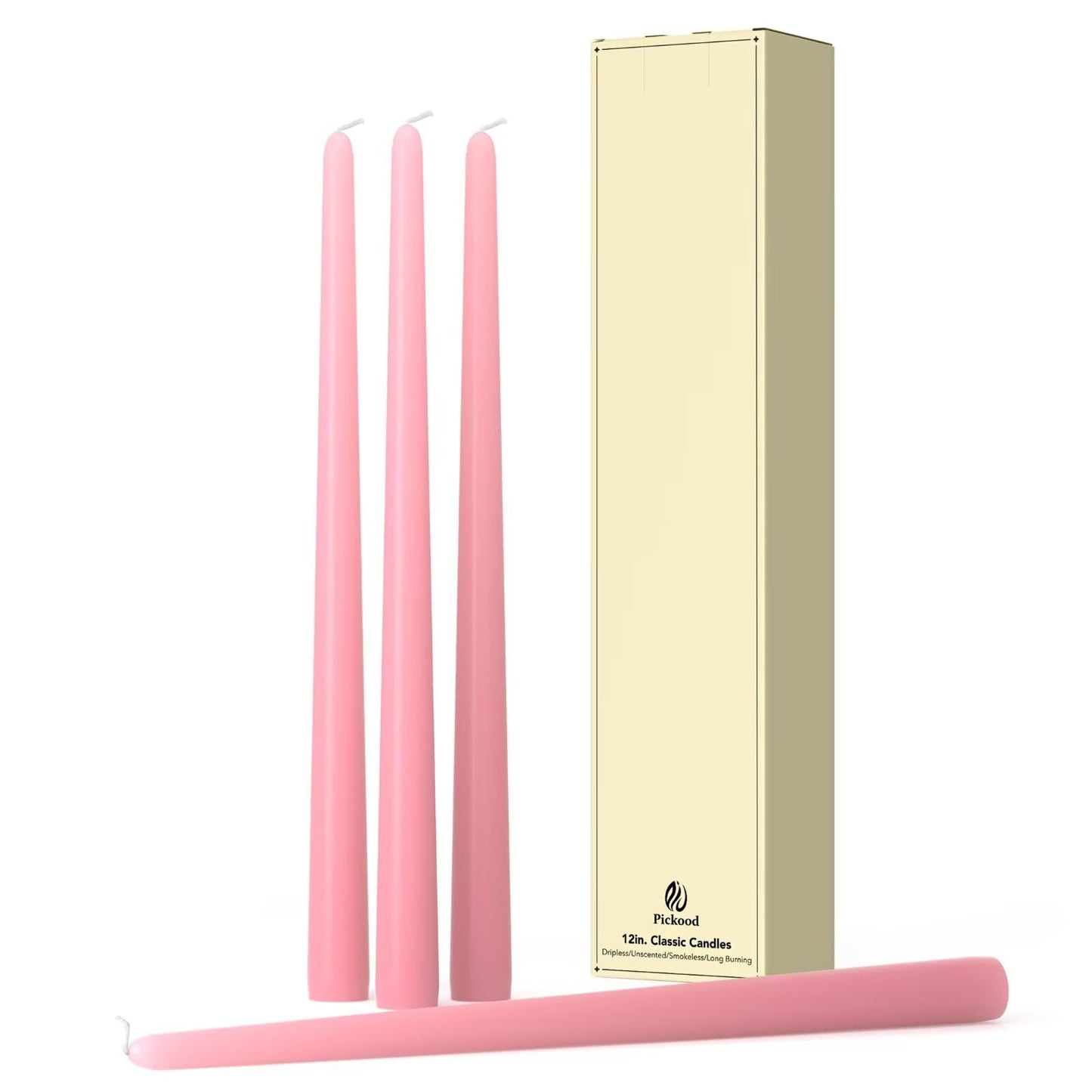 Pickood 12-Inch Tall Dripless Taper Candles Set of 4 - Pink Tapered Candles, Perfect for Spring - Smokeless, Unscented, Long Burning - Hand Poured, Colored Tall Candlesticks - Light Pink